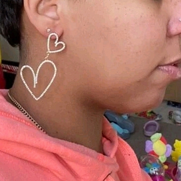 Gold Hoop chunky earrings dangle rhinestone Hearts Romantic statement 💖2/$30 - Picture 16 of 16